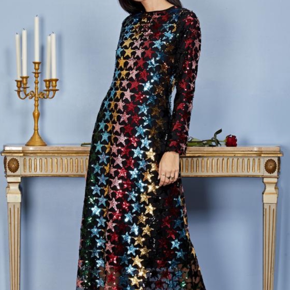 Sister Jane Black Sequin Star Midi Dress with Multicolor Stars